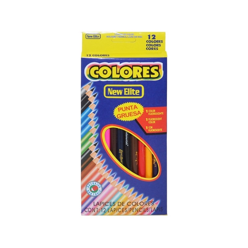 Set 12 creioane colorate lungi New Elite, acoperire uniforma, culori luminoase