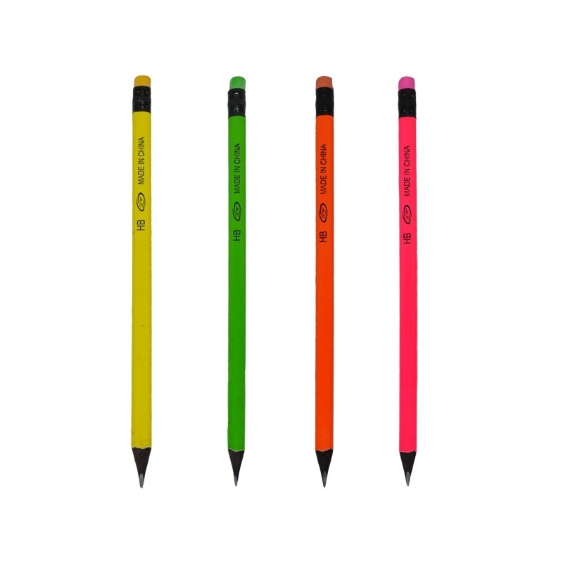 Creioane Neon Black cu radiera, mina din grafit, HB, corp din lemn in diverse culori, set 48 bucati