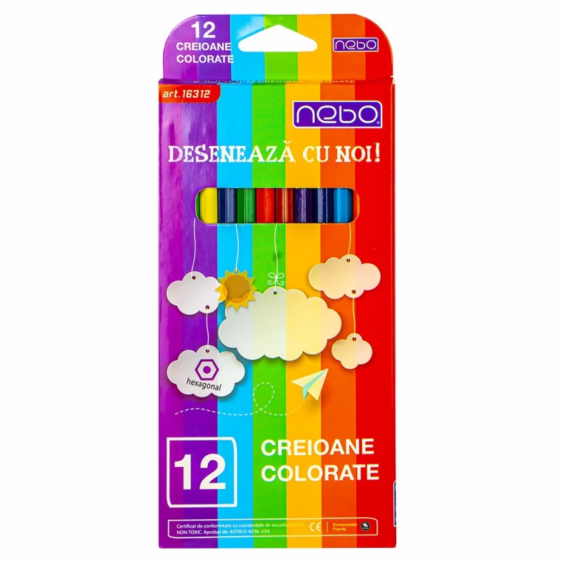 Creioane colorate, hexagonale, corp in culoarea scrierii, lemn, set 12 culori