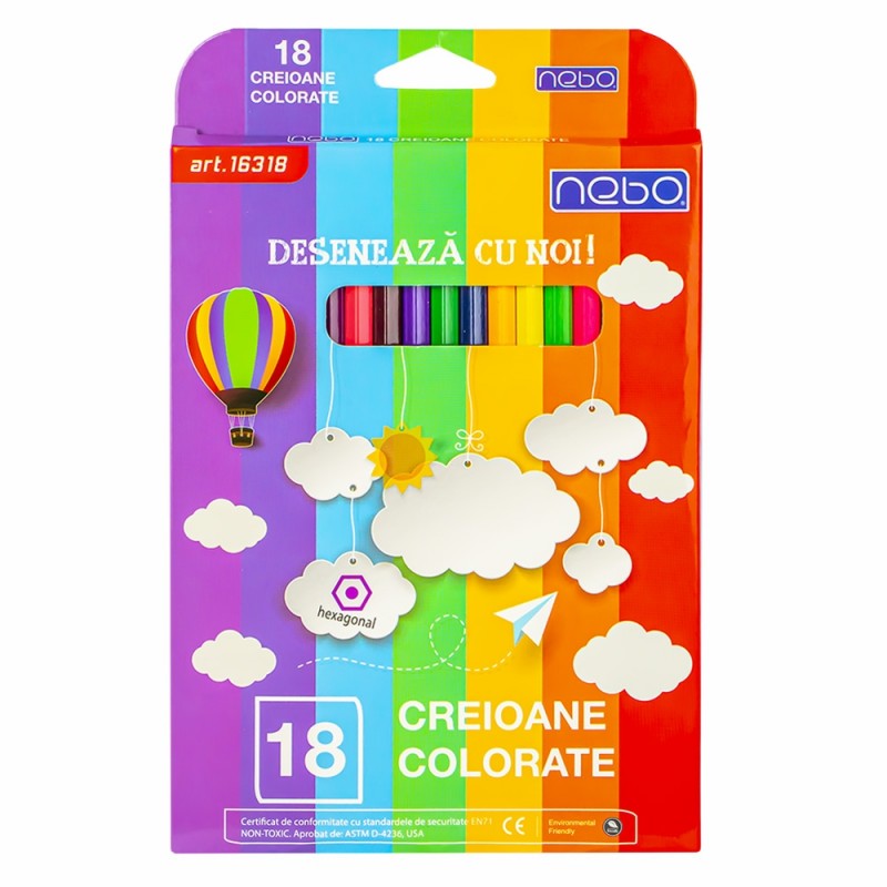 Creioane color hexagonale, varfuri rezistente, ambalaj colorat, set 18 bucati