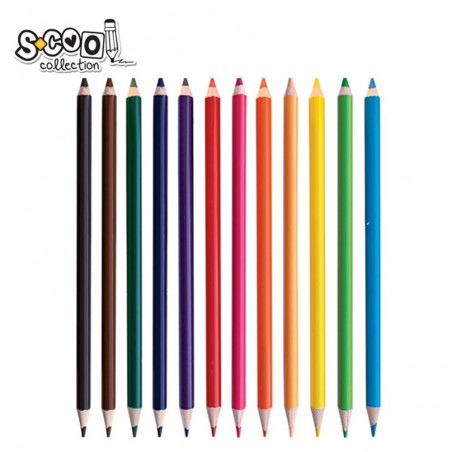 Set 12 creioane in culori diferite, 2 capete + ascutitoare, mina de 3 si 4 mm