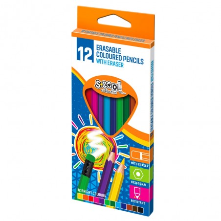 Creioane colorate cu radiera, forma hexagonala, mina rezistenta, set 12 bucati