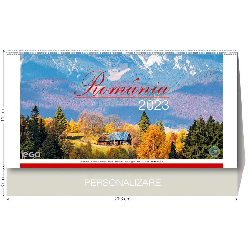 Calendar de birou, an 2024, imagini Romania, personalizabil, 13 file, spira metalica