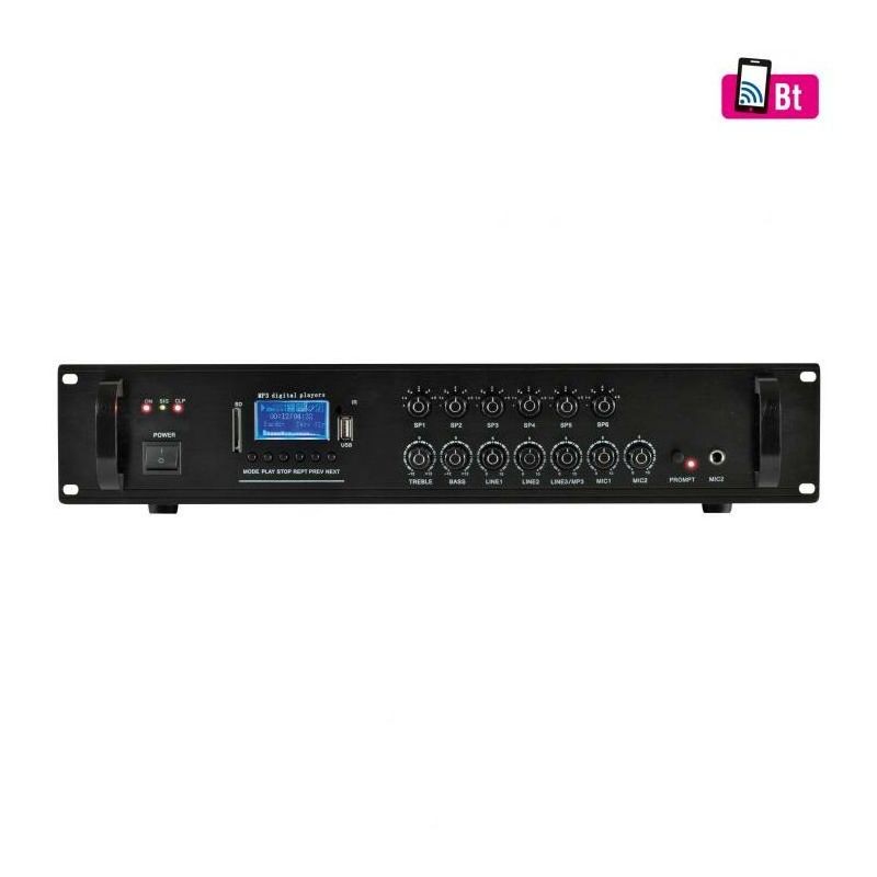 Mixer amplificator 120W, 6 canale, 100V/8 ohm, Bluetooth, FM, MP3, ecran LCD