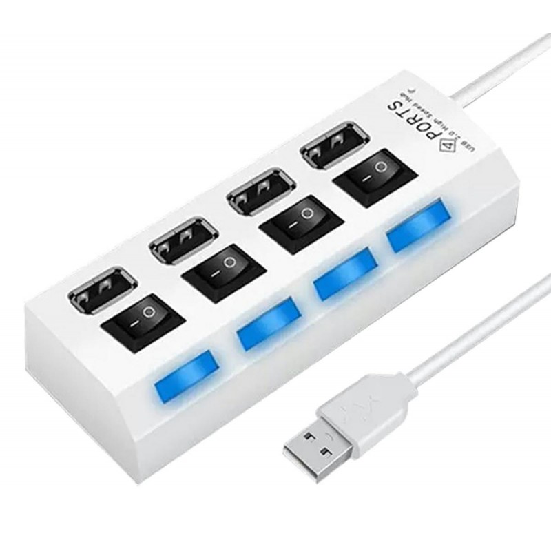 Hub USB cu comutatoare, 4 porturi, 10,5 x 3 m x 2cm, alb