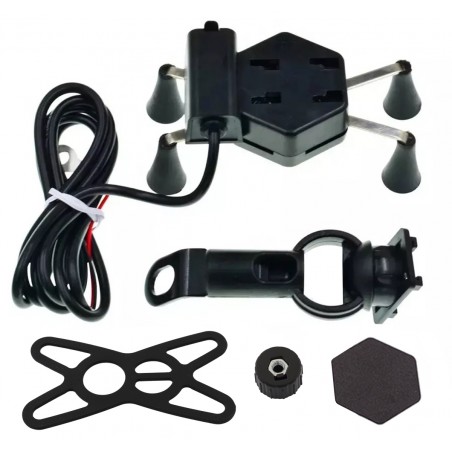 Suport telefon moto universal, carlig prindere, port USB, plastic, 10,1 x 5,8 x 5cm, negru