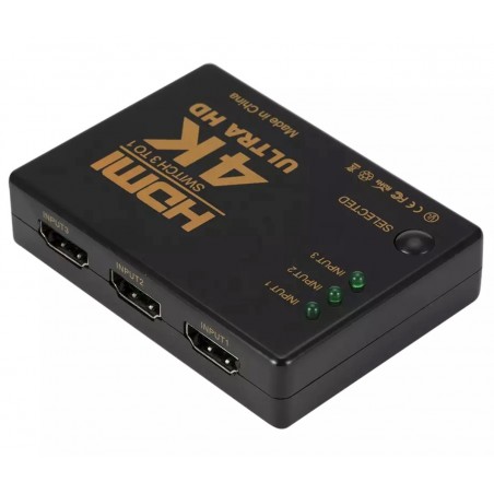 Splitter HDMI cu telecomanda, 3 porturi, full HD, 4K, 19 pini, 50/60Hz, 5V, 80g, 8 x 5,7 x 1,7cm, negru