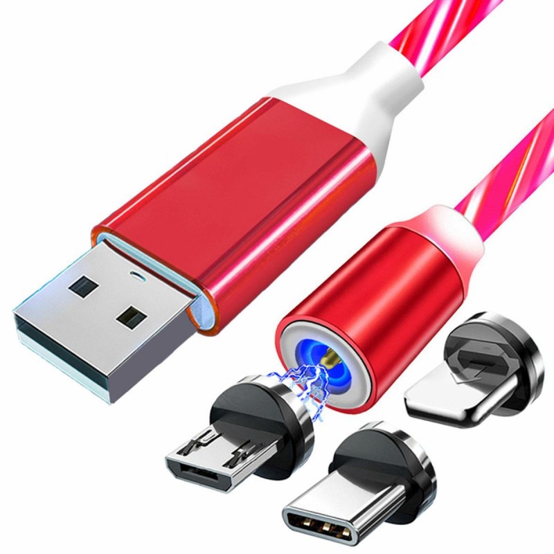 Cablu magnetic 3 in 1, microUSB/USB type-C/Lightning, iluminare led, rosu