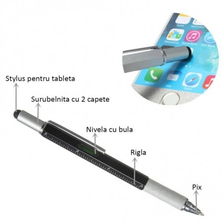 Pix multifunctional 6 in 1, surubelnita plata si cruce, rigla, capat touchscreen, nivela cu bula