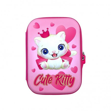 Penar scoala, imprimeu 3D Cute Kitty, inchidere cu fermoar, roz
