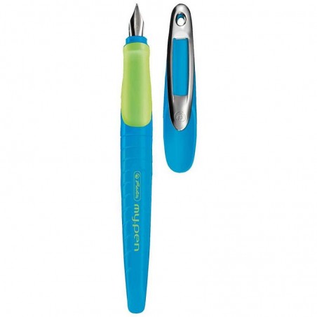 Stilou My Pen, penita L, zona ergonomica, clips metalic, albastru-verde neon