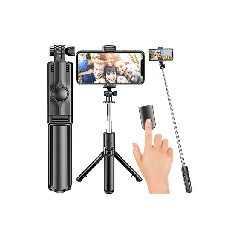 Selfie stick/trepied 2 in 1, telecomanda, Bluetooth, multifunctional, plastic/aluminiu, negru