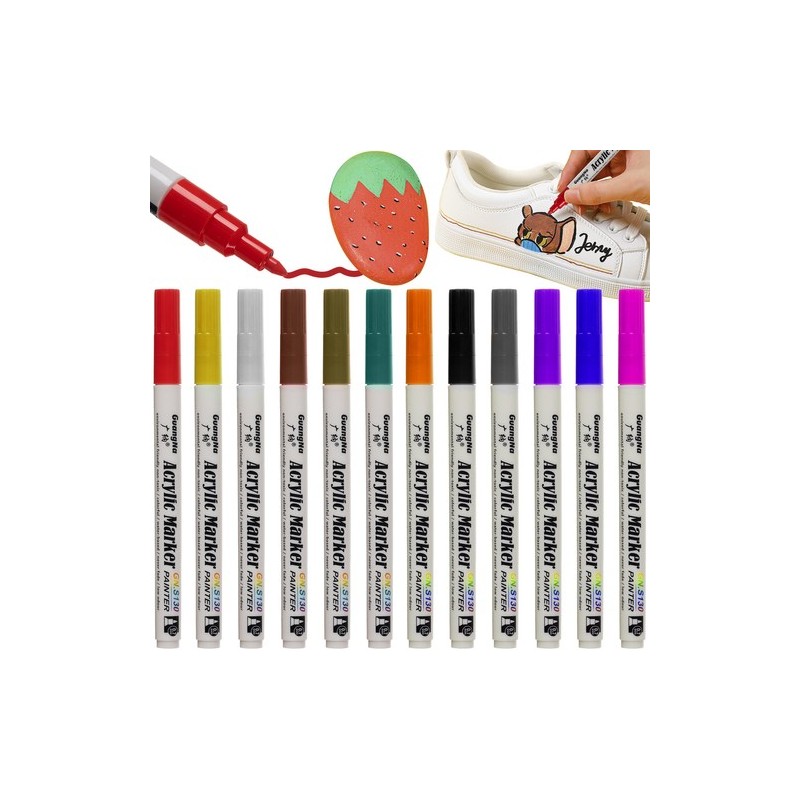 Set markere acrilice, 12 bucati, uscare rapida, universale, 12 culori, aplicare pe toate suprafetele