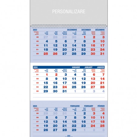 Calendar de perete cu 12 file, 90g/mp, spira metalica, 33 x 48 cm, carton lucios