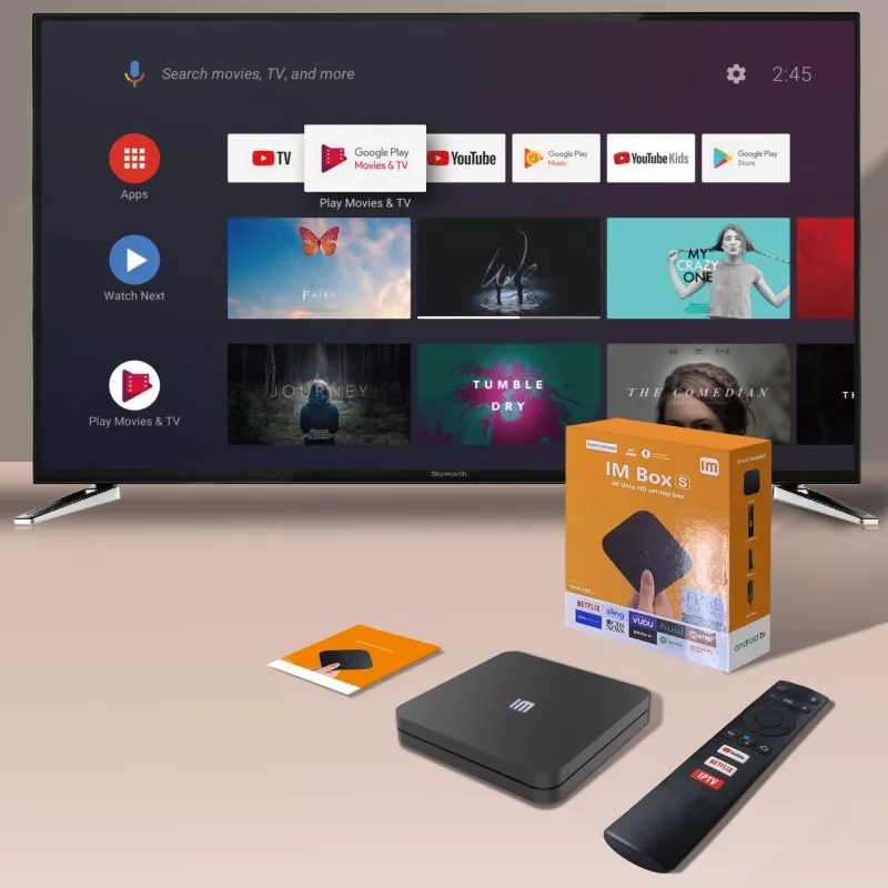 Mini PC 4K Ultra HD, Android TV, cautare vocala, Mira Cast, telecomanda
