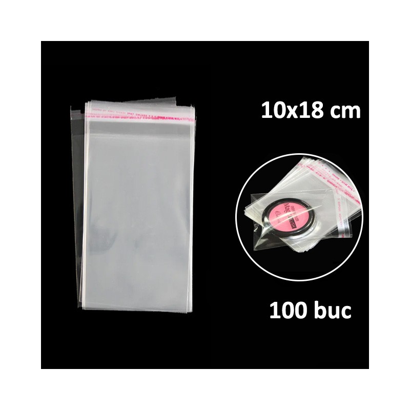 Set 100 pungi BOPP, inchidere tip clapeta adeziva, dimensiune 100x180 mm, transparente