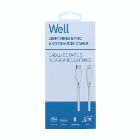 Cablu USB tip C, Lightning, PD 27W, 480 Mbps, 2 metri, alb