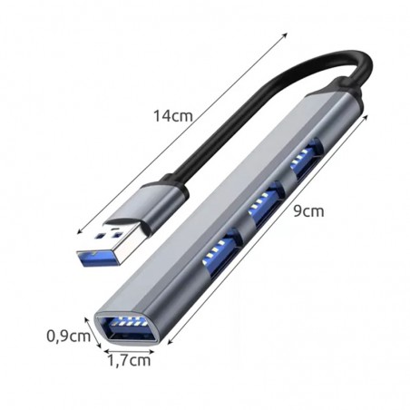 HUB USB splitter pentru 4 porturi, lungime 14 cm, corp aluminiu, argintiu