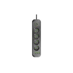Prelungitor 4 prize schuko, 4 porturi USB, comutator, protectie suprasarcina, IP22, 2500W, 2m, ABS, negru