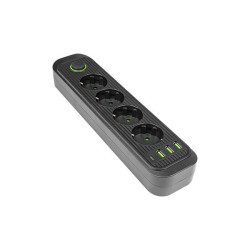Prelungitor 4 prize schuko, 4 porturi USB, comutator, protectie suprasarcina, IP22, 2500W, 2m, ABS, negru