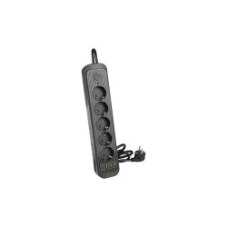 Prelungitor 5 prize schuko, 4 porturi USB, comutator, protectie suprasarcina, IP22, 2500W, 2m, ABS, negru