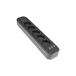 Prelungitor 5 prize schuko, 4 porturi USB, comutator, protectie suprasarcina, IP22, 2500W, 2m, ABS, negru