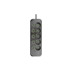 Prelungitor 5 prize schuko, 5 comutatoare, protectie suprasarcina, IP22, 2500W, 2m, ABS, negru
