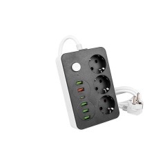 Prelungitor 3 prize schuko, 6 porturi USB, comutator, protectie suprasarcina, IP22, 2500W, 2m, ABS, alb