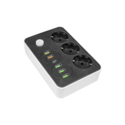 Prelungitor 3 prize schuko, 6 porturi USB, comutator, protectie suprasarcina, IP22, 2500W, 2m, ABS, alb
