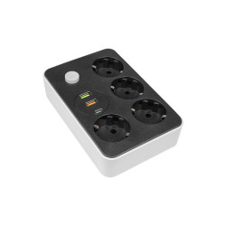 Prelungitor 4 prize schuko, 3 porturi USB, comutator, protectie suprasarcina, IP22, 2500W, 2m, ABS, alb