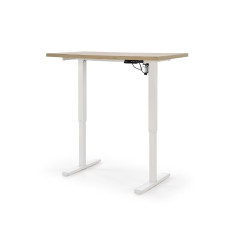 Birou reglabil pe inaltime, electric, cadru alb din otel, blat stejar artizanal, 120/60/75-120 cm