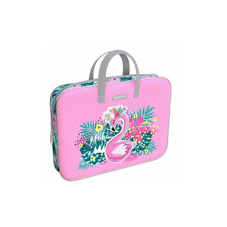 Mapa textila pentru documente, A4+, cu maner si fermoar, imprimeu Flamingo, roz, poliester