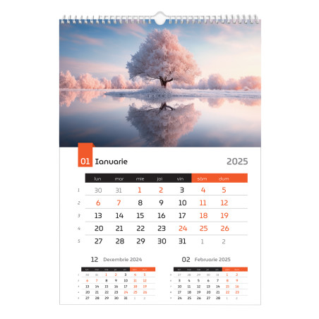 Calendar de perete format A3, cu peisaje, 12 file color spiralate, an 2025