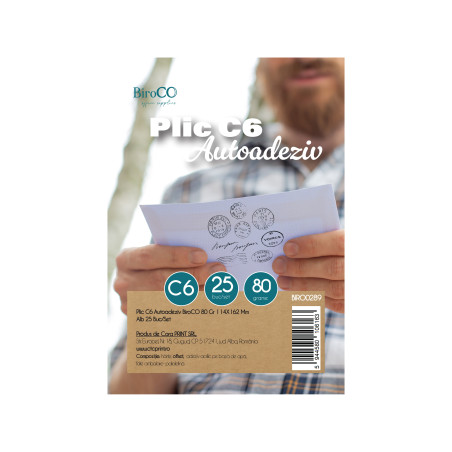 Plic C6 autoadeziv BiroCO, set 25 bucati, 114x162 mm, alb