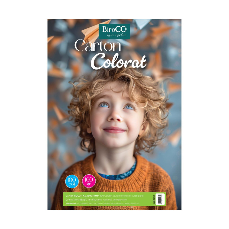 Carton BiroCO A4, pentru proiecte creative si craft, 160 gr/mp, top 100 coli, multicolor