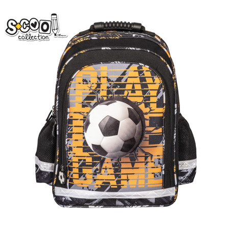 Ghiozdan imprimeu fotbal, ergonomic, compartiment principal cu 2 cursoare, buzunare laterale, poliester 600D