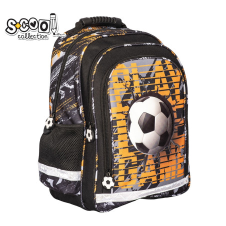 Ghiozdan imprimeu fotbal, ergonomic, compartiment principal cu 2 cursoare, buzunare laterale, poliester 600D