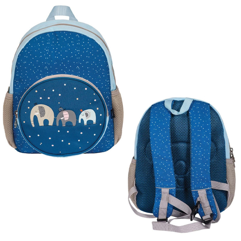Ghiozdan gradinita cu imprimeu elefanti, bretele reglabile si benzi reflectorizante, 5L, albastru