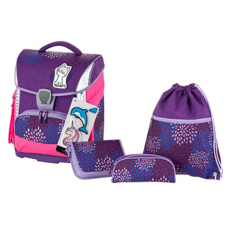 Set ghiozdan ergonomic, geanta pentru carti, etui si sac de sport, mesh, KidClix, violet