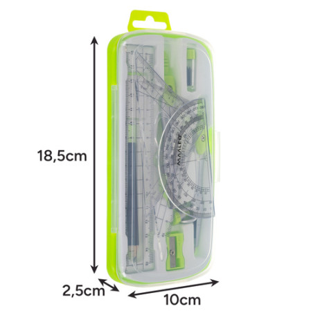 Set geometric, rigla, compas, echer, raportor, 10 piese, carcasa 18.5x2.5x10 cm, PVC, ABS
