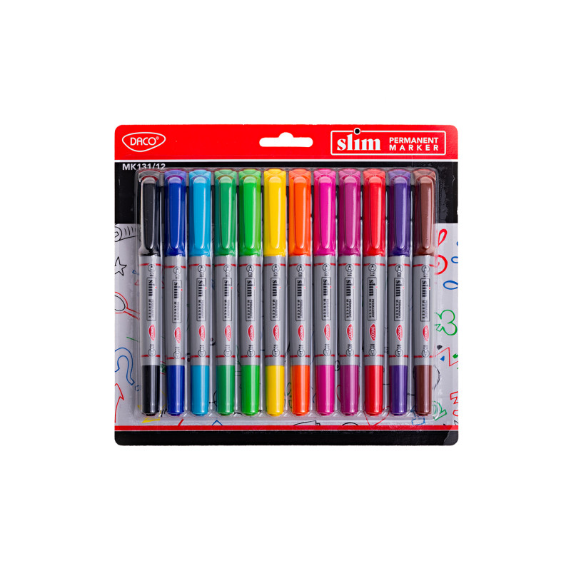 Set 12 markere permanente slim, varf dublu, 1 mm si 0.5 mm, culori vibrante