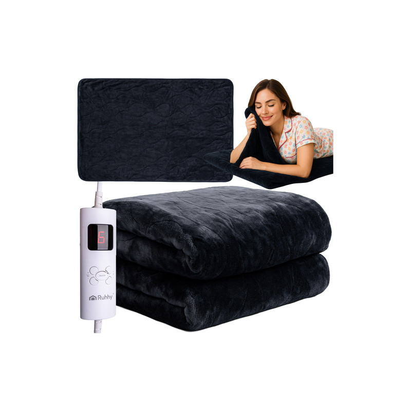Patura electrica 180 x 130 cm, 6 moduri, telecomanda, termostat, 85 W, cablu detasabil, negru