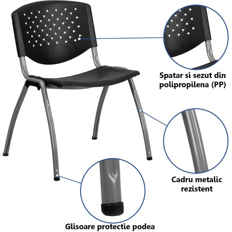 Scaun conferinta, spatar si sezut PP, stivuibil, model perforat, negru
