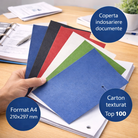 Coperta indosariere documente, format A4, carton texturat 230g/mp, top 100 coli