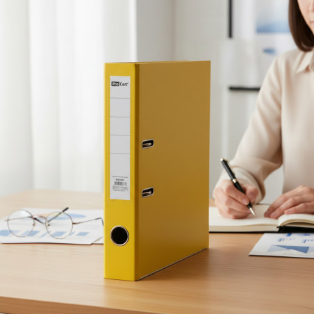 Biblioraft galben A4 pentru organizare documente – Cotor 5 cm, Bordura Metalica, 350 Coli