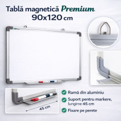 Tabla magnetica Premium alba 90x120 cm, rama de aluminiu, fixare perete, suport markere
