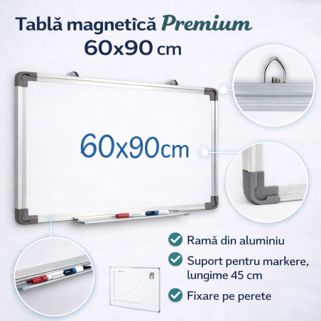 Tabla magnetica 60x90 cm, rama aluminiu, suprafata alba lacuita, tavita culisanta