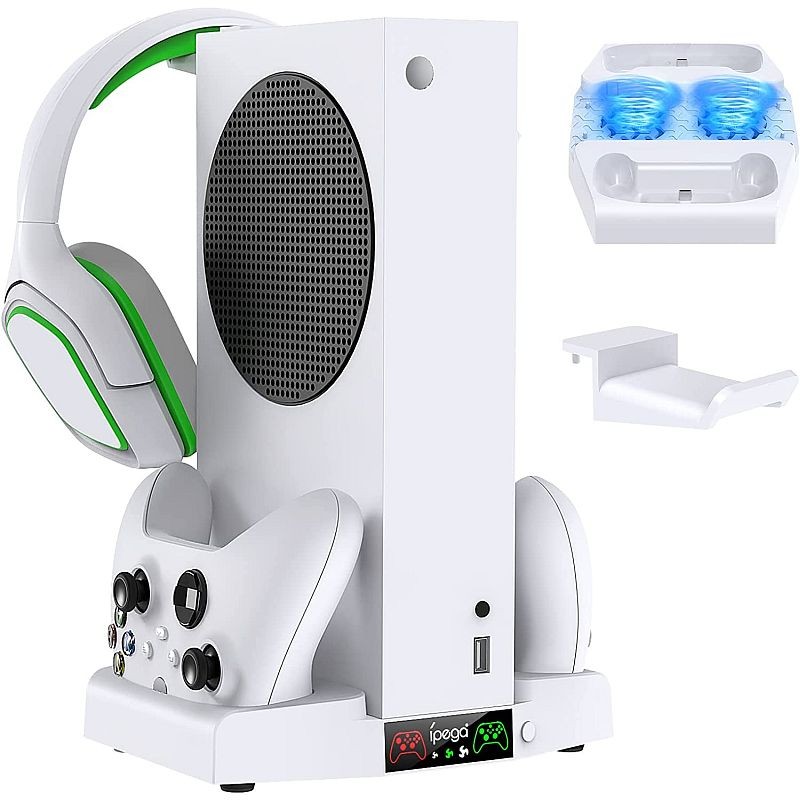 Suport incarcare doua controlere Xbox si casti, multifunctional, 4 in 1, 2 ventilatoare, indicator LED, cablu USB, RESIGILAT