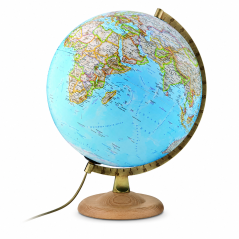 Glob geografic iluminat Gold Clasic 30 cm – harta fizica si politica, suport din lemn de fag