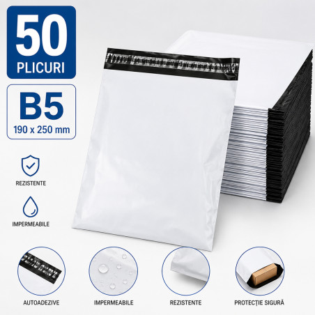 Plicuri curierat B5 190x250 mm, set 50 bucati, autoadezive, impermeabile, albe